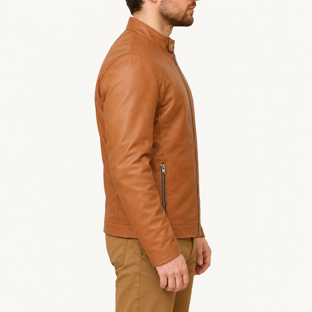 Men's Classic Tan Brown Leather Café Racer Jacket – Stand Collar Zip-Up Jacket Gallery
